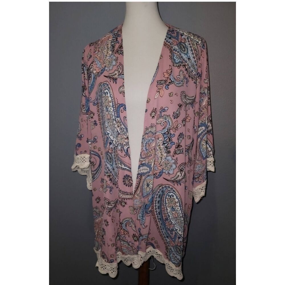 Ladies Cure. XL Paisley Boho Crocheted Chiffon Kimono Duster Open Cardi Style